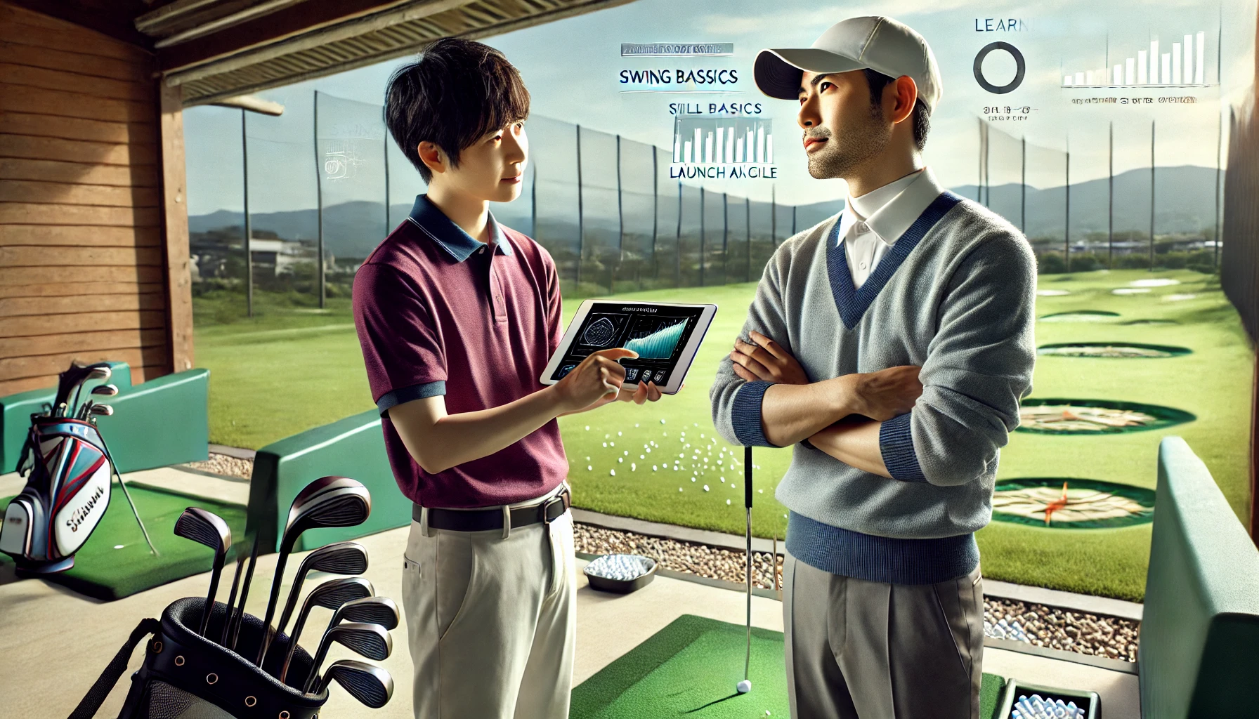 練習場でゴルフインストラクターの日本人男性が、スイングデータが表示されたタブレットを使ってアマチュアゴルファーに指導している様子。後方にはゴルフクラブや練習ネットがあり、飛距離の前に大切な基本知識を学ぶ場面