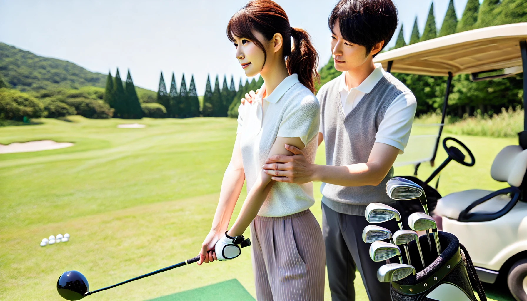 30代の日本人女性ゴルファーが、屋外の練習場でインストラクターの指導を受けながら正しいグリップとスタンスを練習している様子。初心者向けのスライス対策練習シーン