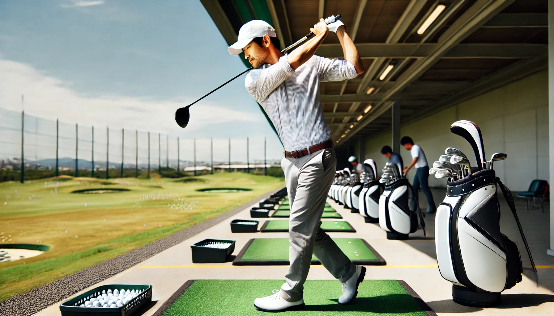 40代の日本人男性が屋外のゴルフ練習場でドライバーを使ってスイング練習中。正しい姿勢でバックスイングを行い、スライスを防ぐ基本動作を意識している