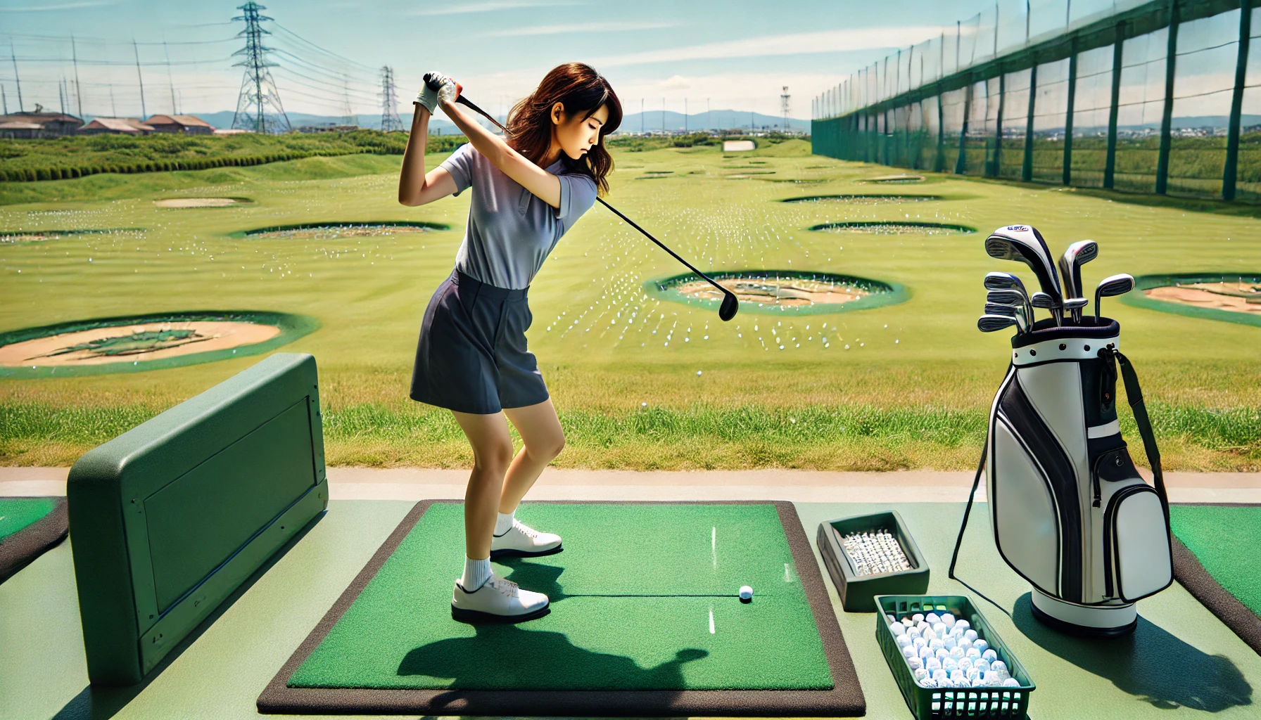 40代の日本人女性ゴルファーが、スイングのトップで一瞬止まる練習を実施中。ドライバーのテンポ改善を意識しながら、スライス軽減を目指す指導的な練習風景