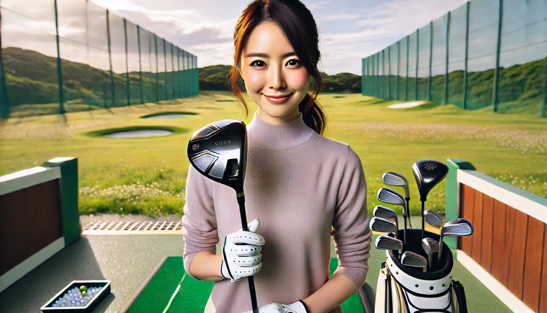 30代の日本人女性ゴルファーが、大きなヘッドの軽量ドライバーを手に、練習場で立っている様子。初心者でも扱いやすいクラブ選びを象徴する明るい雰囲気