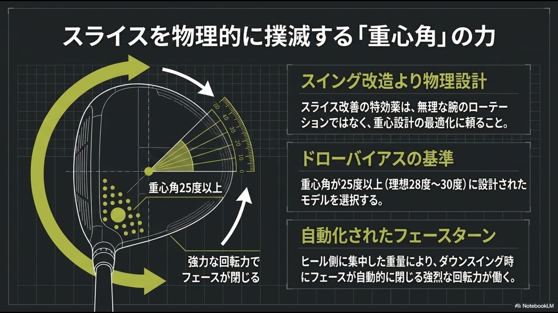 重心角25度以上のドローバイアス設計により、スイング中の強烈な回転力でフェースが自動的に閉じ、スライスを物理的に撲滅する仕組みの解説図