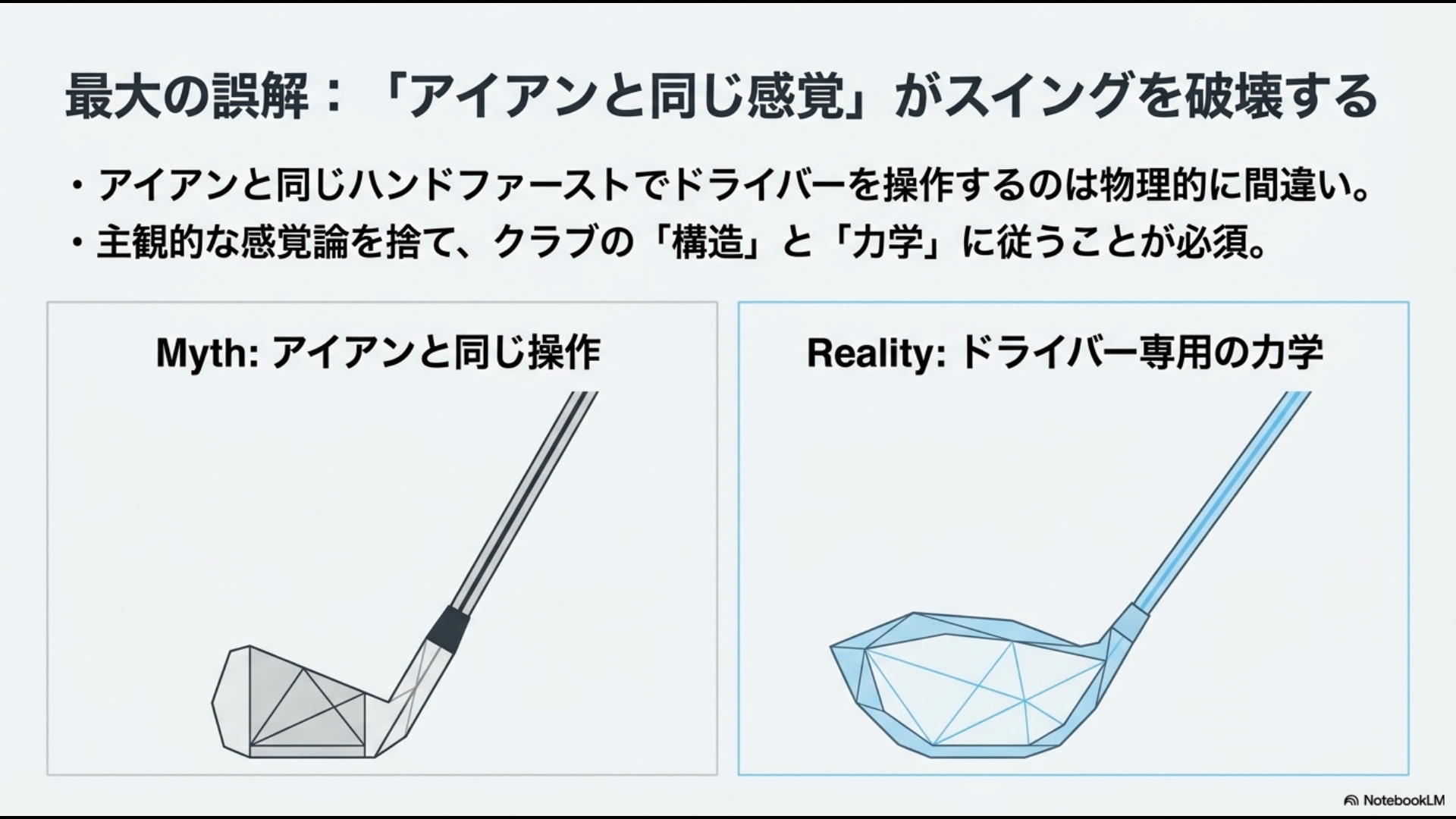 アイアンと同じ感覚でドライバーを操作するのは間違いであることを示す図解