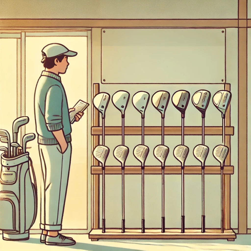 A-minimalist-clean-illustration-of-a-Japanese-golfer-browsing-a-lineup-of-budget-friendly-used-drivers-on-a-wooden-rack.-Each-club-looks-slightly-wor.webp