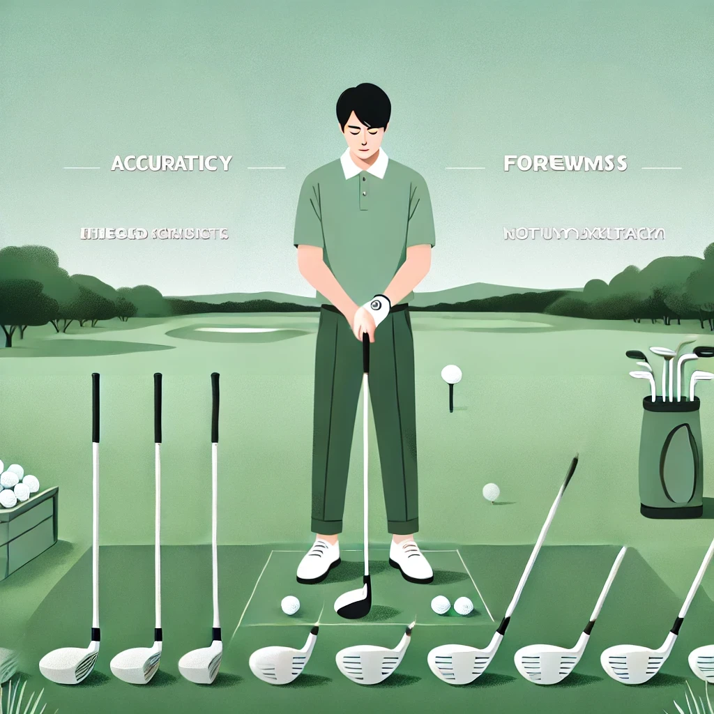 A-clean-modern-illustration-of-a-Japanese-golfer-comparing-used-drivers-known-for-accuracy-and-forgiveness.-The-golfer-stands-in-front-of-a-practice-.webp