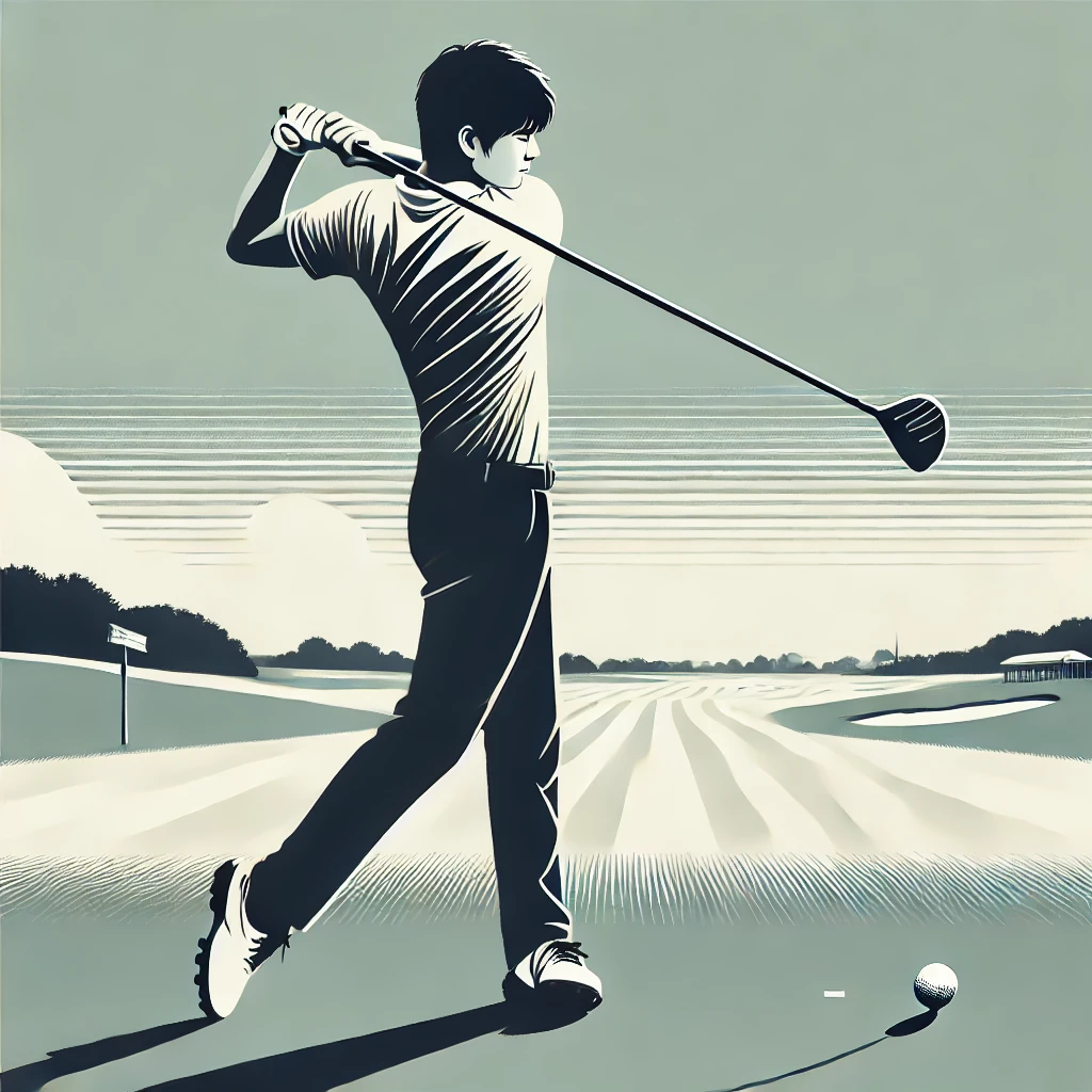 A-sleek-minimalist-illustration-of-a-Japanese-advanced-golfer-hitting-a-powerful-drive-on-a-sunlit-course-using-a-used-driver.-The-golfer-displays-a-.webp