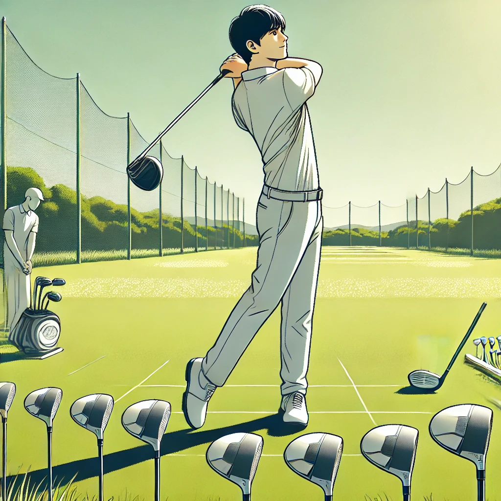 A-clean-modern-illustration-of-a-Japanese-golfer-testing-high-performance-drivers-at-a-practice-range.-The-golfer-appearing-confident-and-neutral-in.webp
