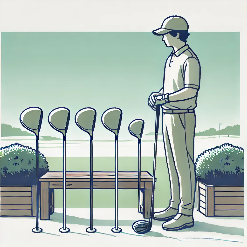A-minimalist-clean-illustration-of-a-Japanese-golfer-standing-calmly-at-a-golf-range-examining-three-legendary-driver-clubs-known-for-their-distance.webp