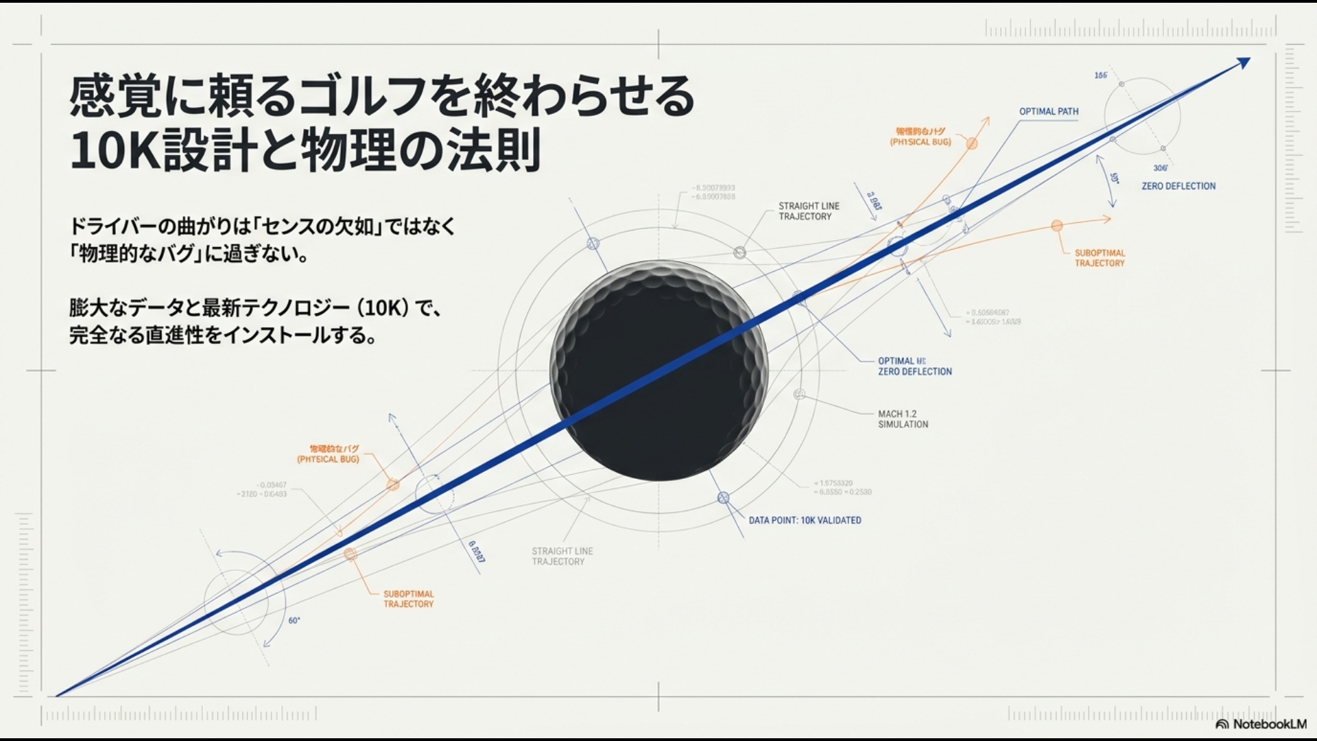 ドライバーの曲がりを物理的なバグとして捉え、10Kテクノロジーで完全な直進性を実現する概念図