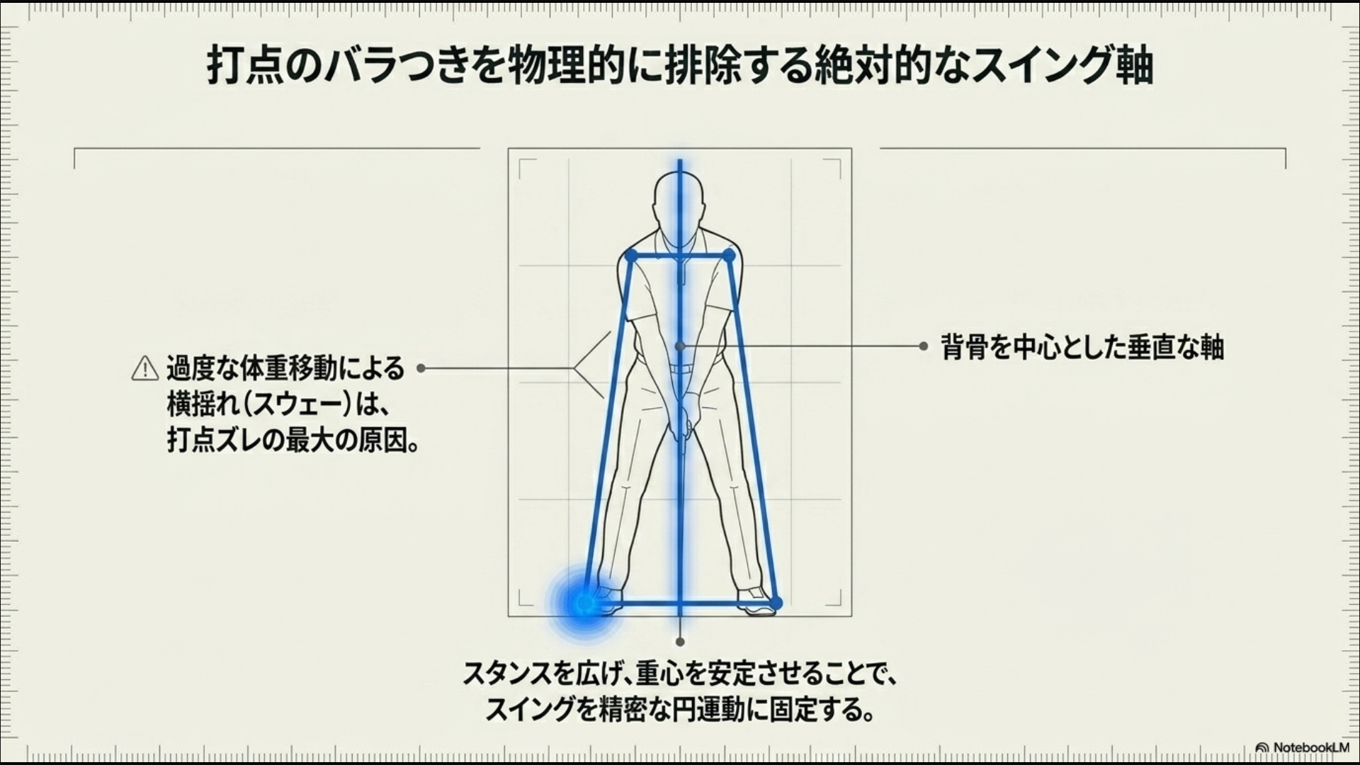 過度な体重移動によるスウェーを防ぎ、背骨を中心とした軸回転でスイングを精密な円運動に固定する図解