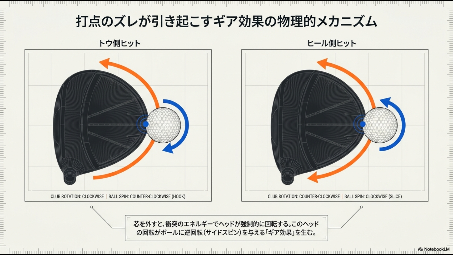 ドライバーのトゥ側ヒットでフック回転、ヒール側ヒットでスライス回転が発生するギア効果の物理的メカニズム