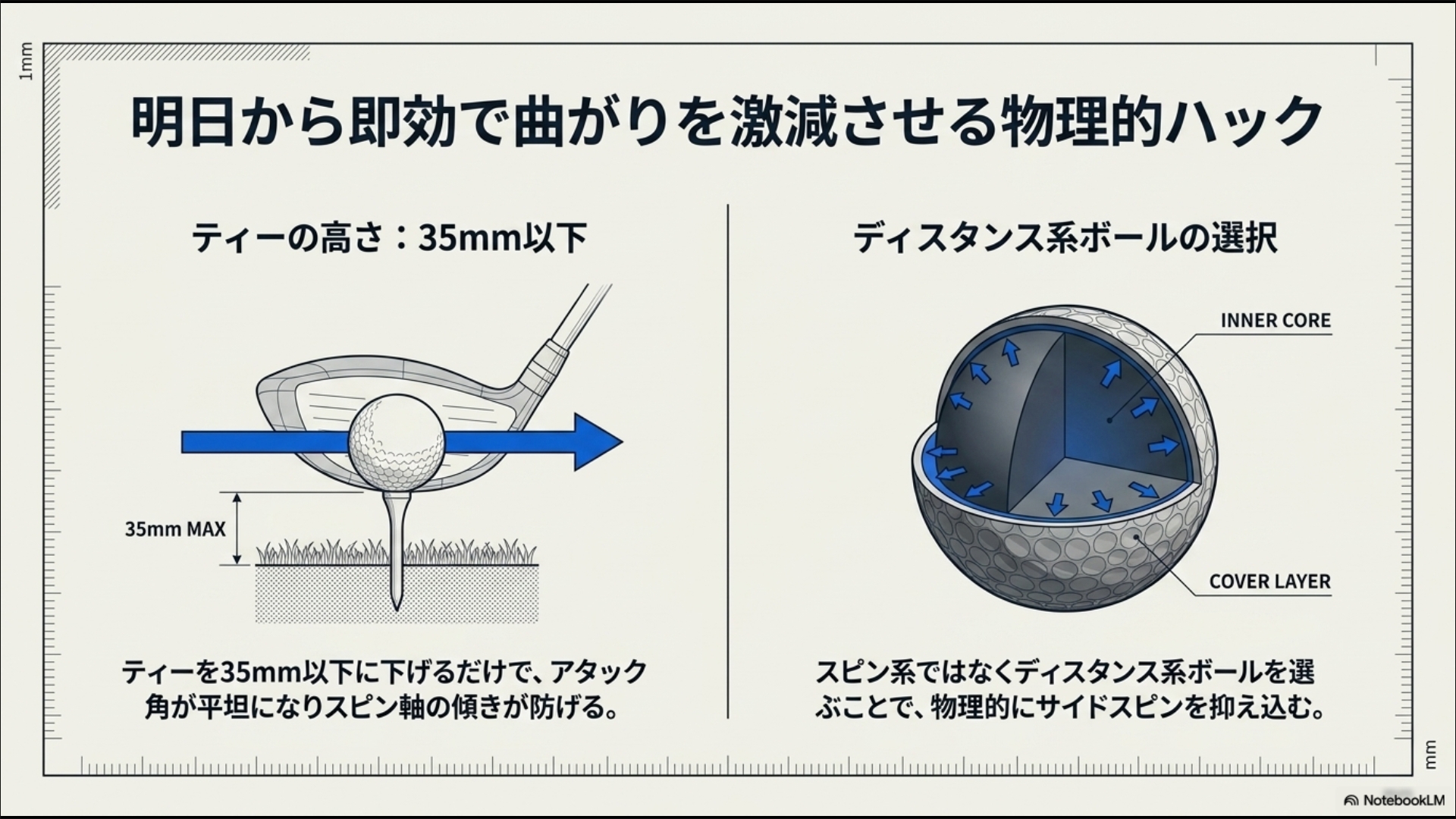 ティーを35mm以下に下げるメリットと、ディスタンス系ボールが物理的にサイドスピンを抑え込む仕組みの図解