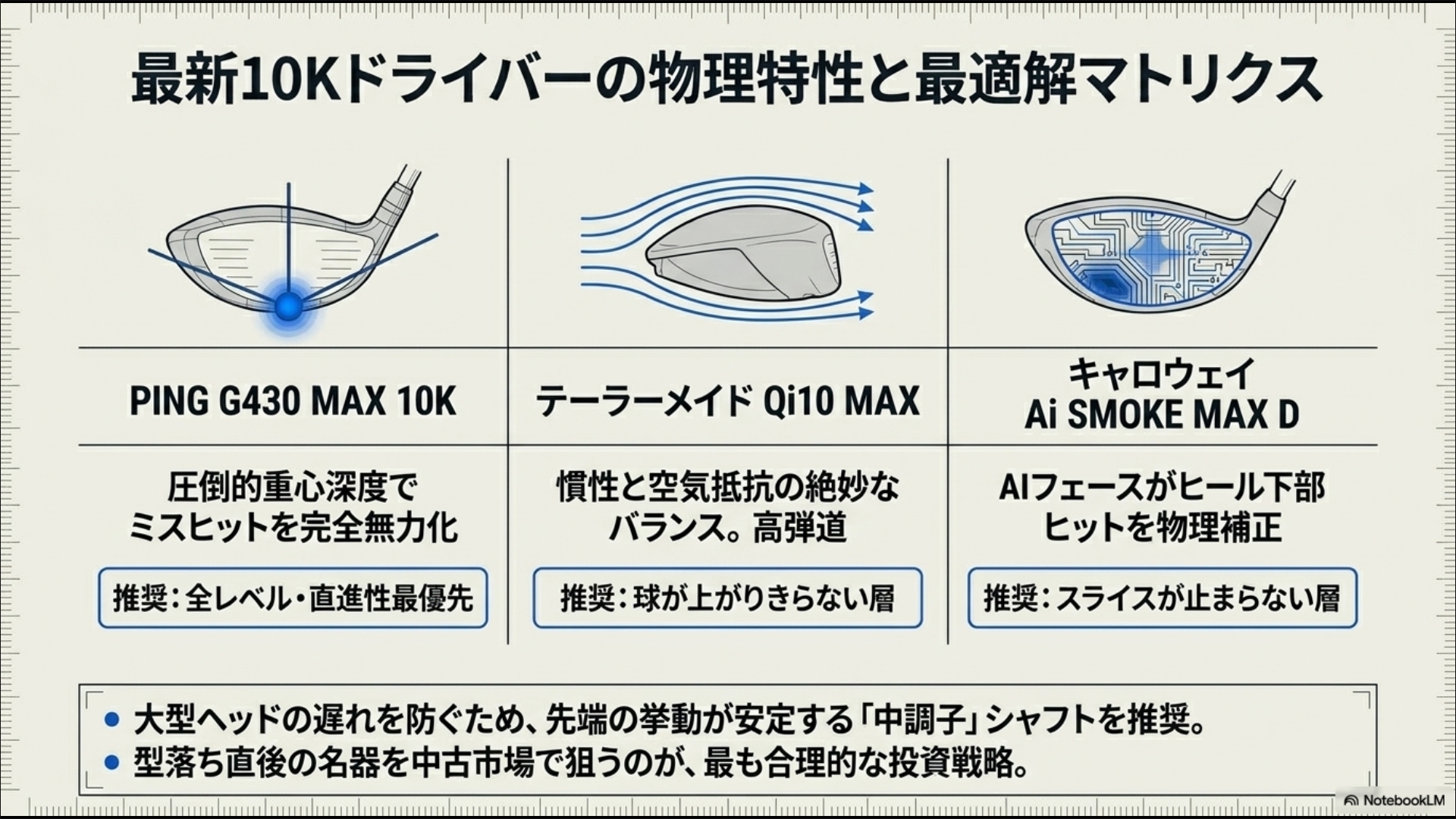 PING G430 MAX 10K、テーラーメイド Qi10 MAX、キャロウェイ Ai SMOKE MAX Dの物理特性と推奨層の比較表