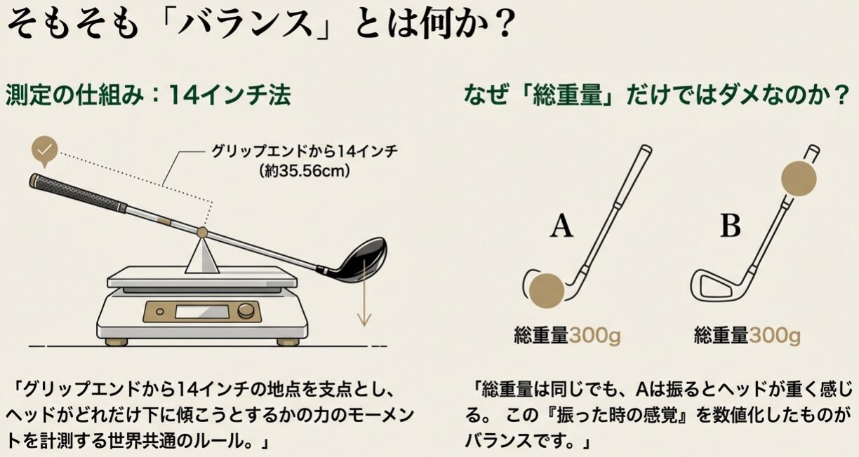 ゴルフクラブバランス測定の14インチ法の仕組みと総重量との違いの図解