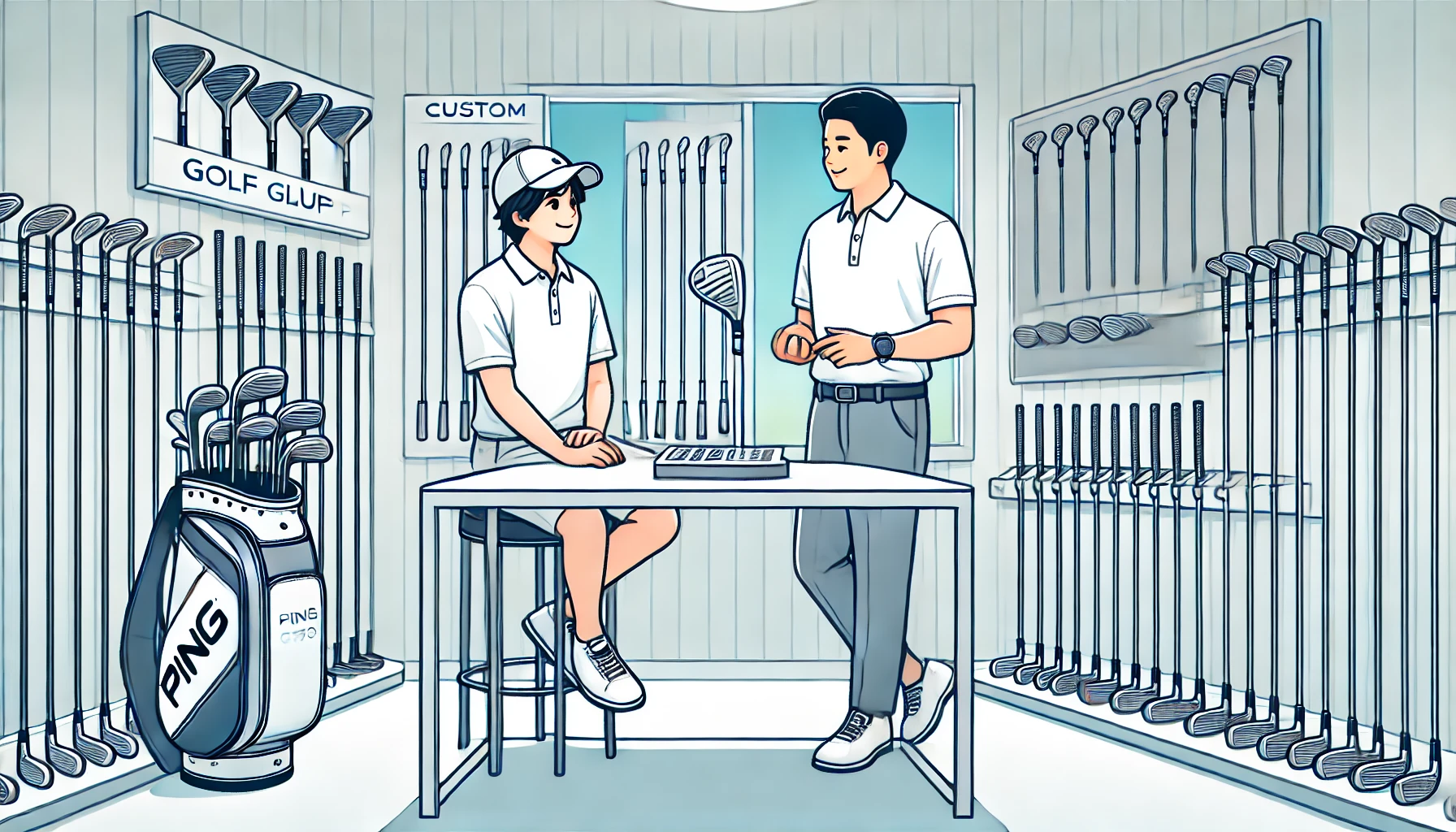 日本人男性ゴルファーがフィッティングルームで専門スタッフと相談しながら、PING G430とカスタムシャフトを比較している場面。壁には複数のシャフトが整然と展示されており、真剣に選定しているシンプルなイラスト