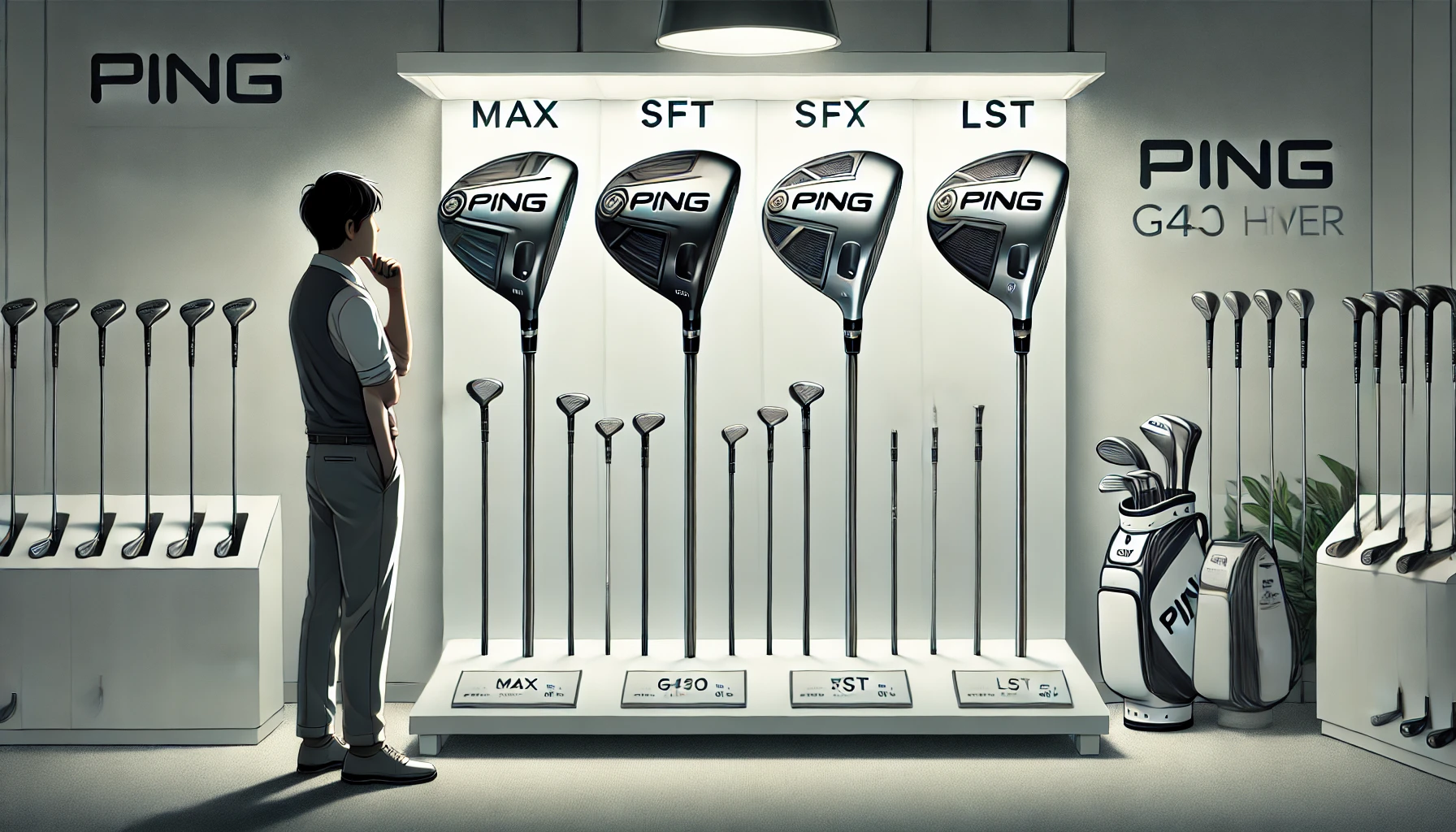 日本人ゴルファーが室内のフィッティングルームで、PING G430のMAX・SFT・LSTそれぞれに対応する純正シャフト3本を比較しているシンプルなイラスト