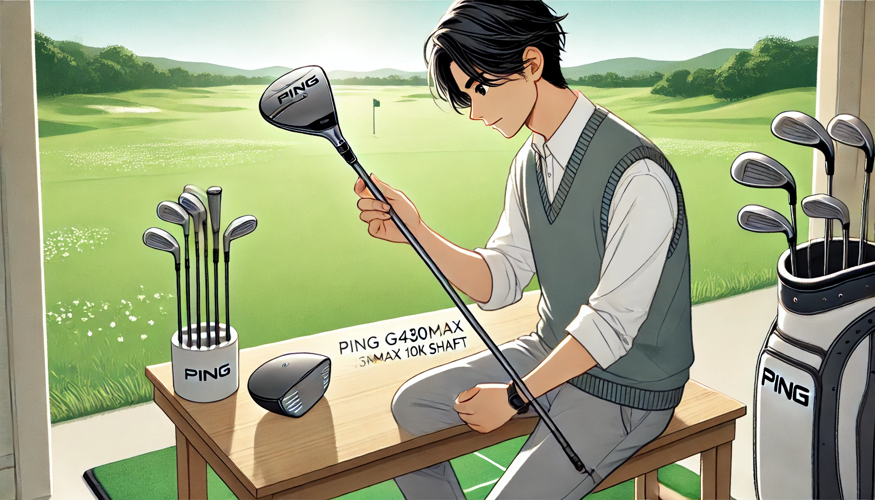 日本人男性ゴルファーが晴れたゴルフ場でPING G430MAX 10kドライバーのシャフトを手に取り、しなり具合や設計を確認しているイラスト