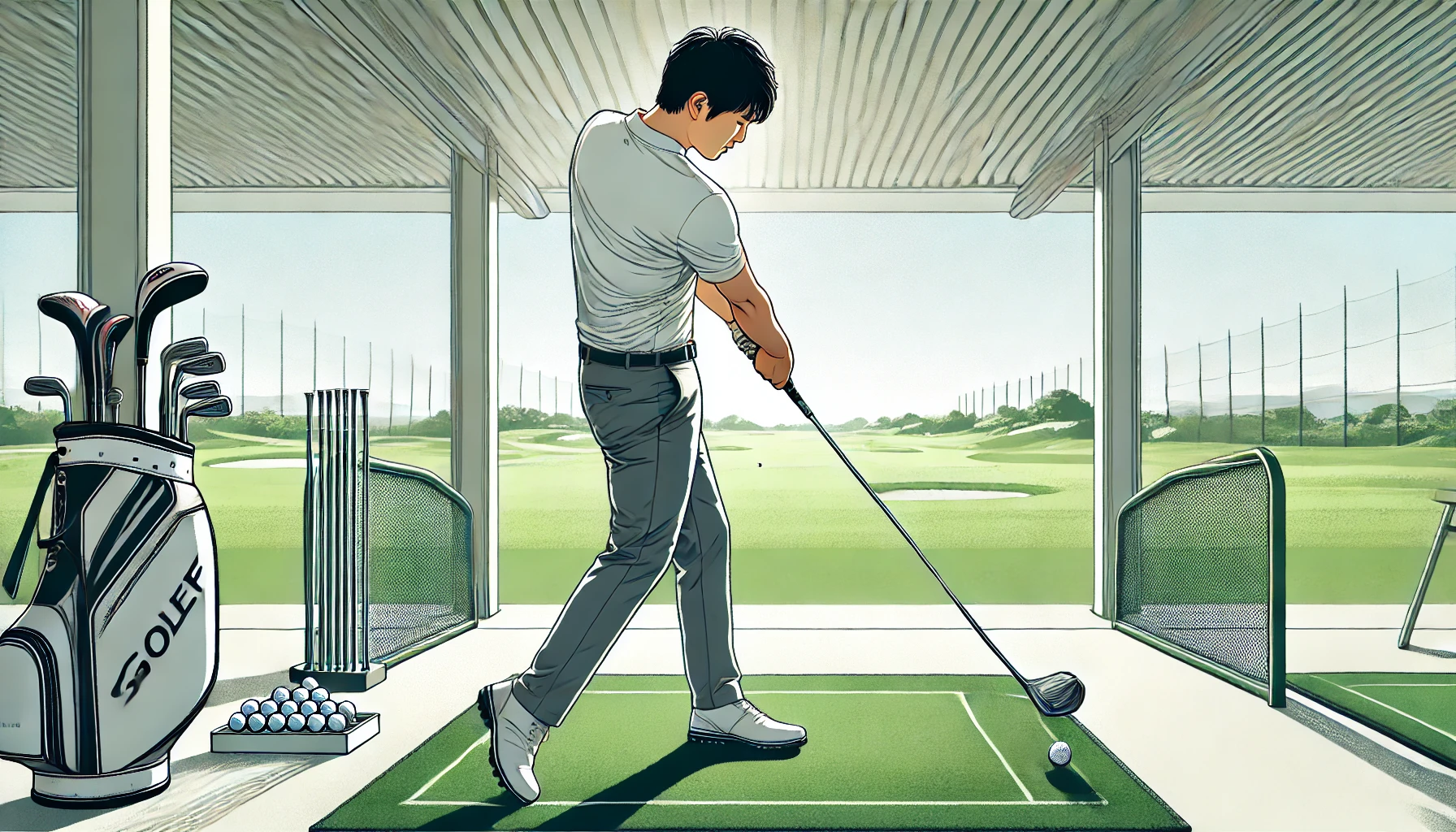 軽量スチールシャフトを試打している日本人ゴルファーのスイングシーン