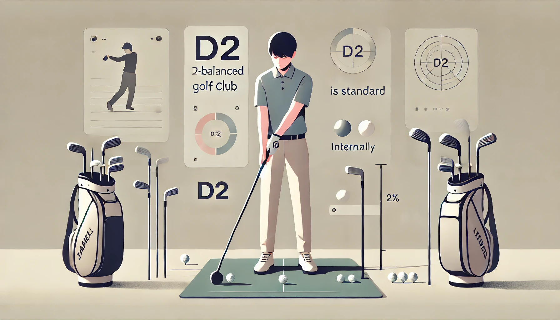 D2バランスのクラブを持つ日本人男性ゴルファーと比較用クラブが並ぶミニマルな練習マットのイラスト