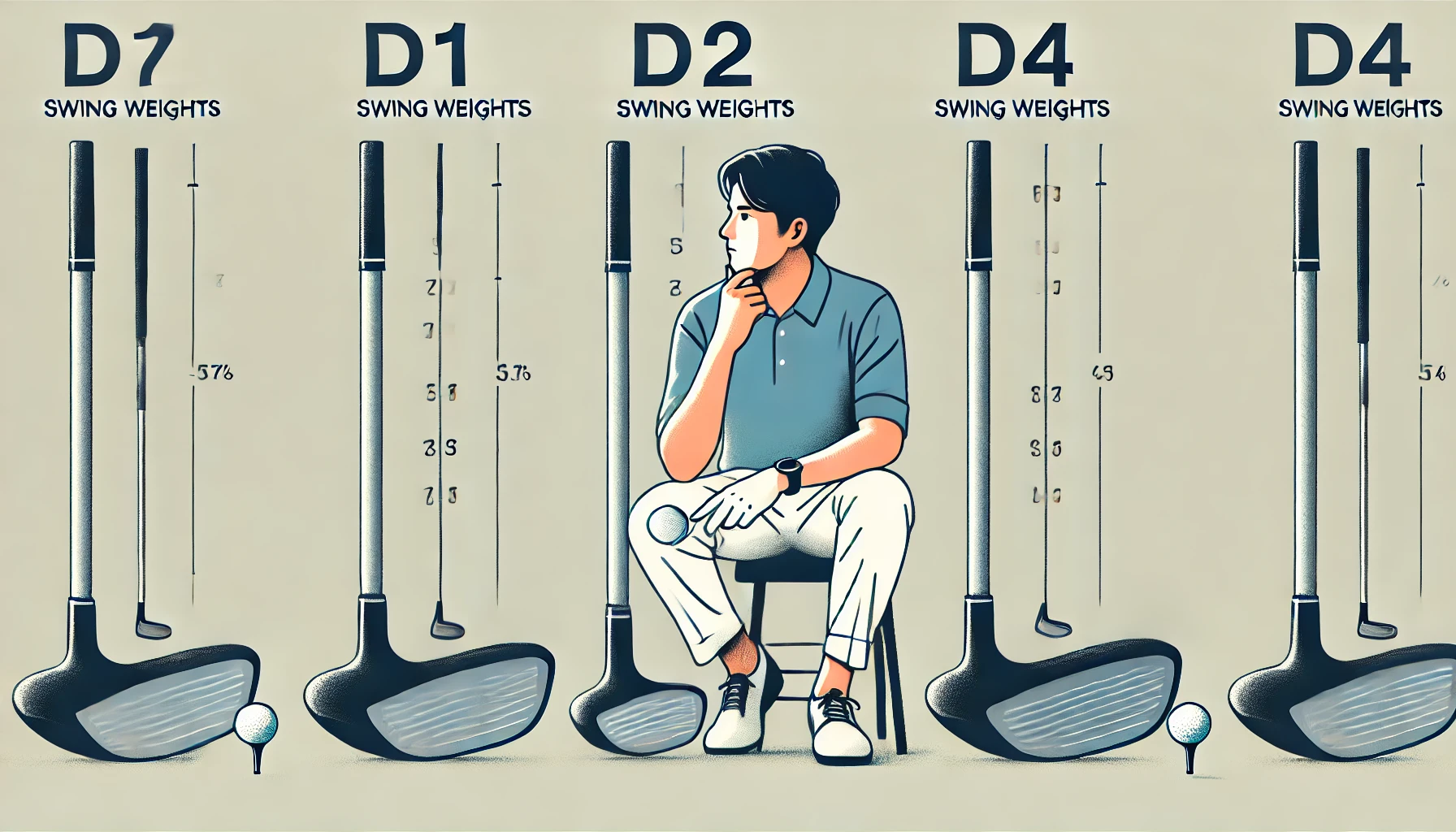 D1・D2・D4のバランス違いを比較する日本人男性と並べられたクラブのシンプルなイラスト