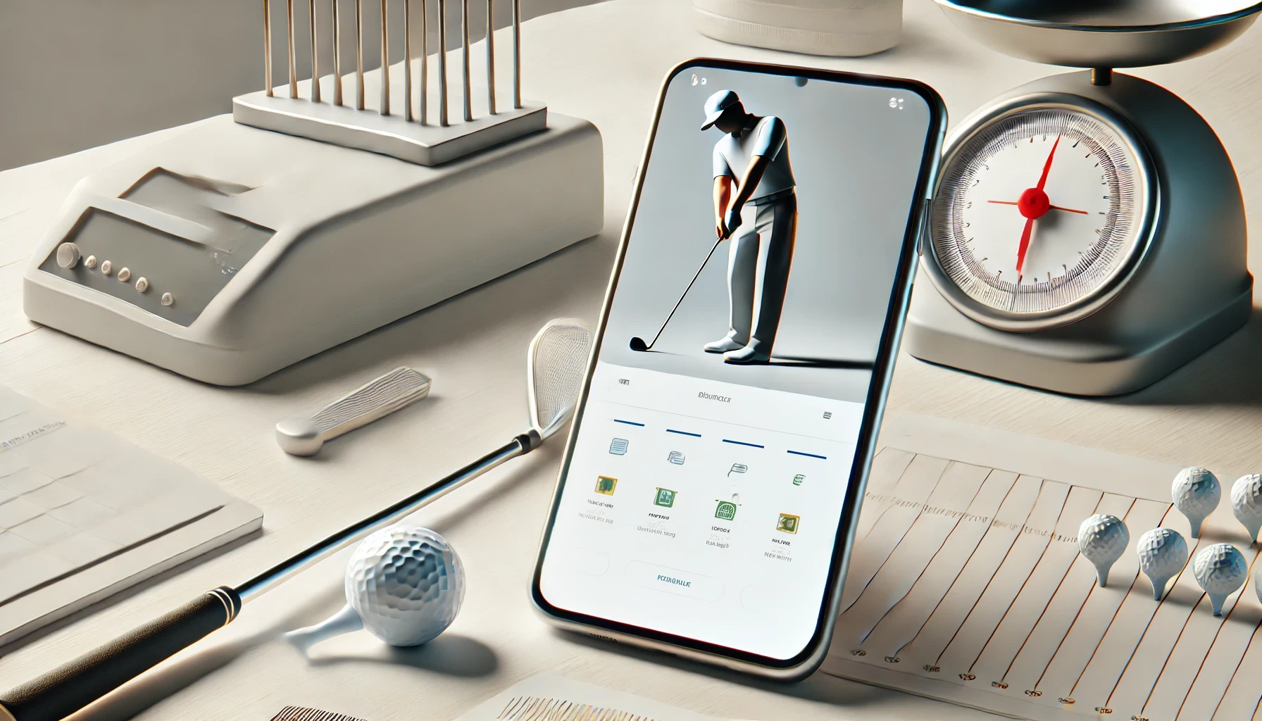 「日本人ゴルファーがスマートデバイスを使ってクラブバランスを計測・記録しているミニマルな作業デスクのイラスト