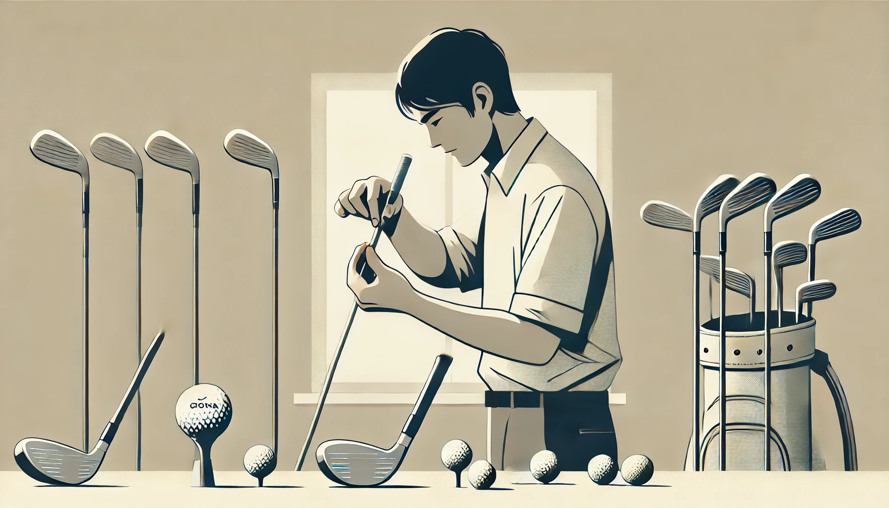 日本人ゴルファーがゴルフクラブのヘッドに鉛テープを丁寧に貼り付けているシンプルな屋内イラスト