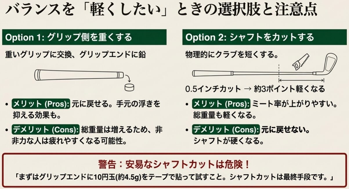 ゴルフクラブのバランスを軽くする2つの方法(グリップ加重・シャフトカット)の比較