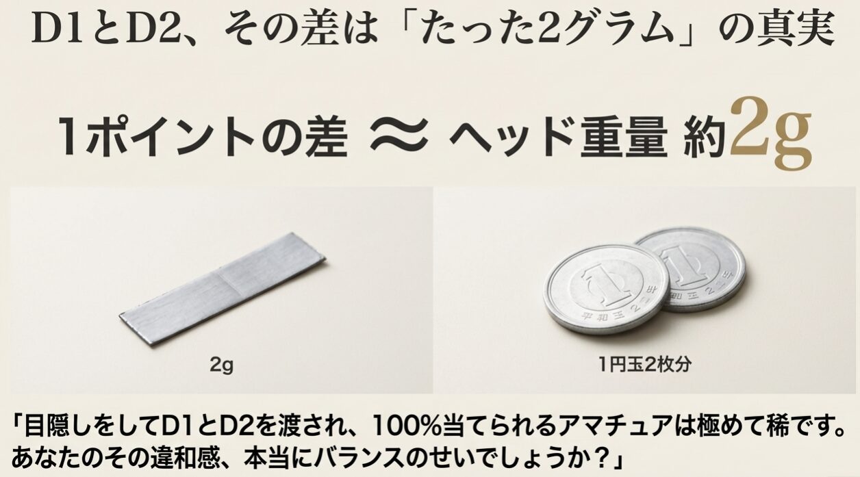 ゴルフクラブバランスの1ポイントは約2g。鉛と1円玉の比較画像