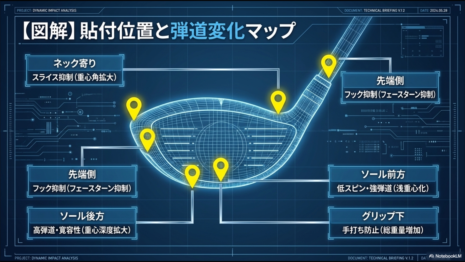 ドライバーのヘッド・シャフト各部への鉛貼付位置と、スライス抑制や高弾道化などの予測される弾道変化を示す図解マップ