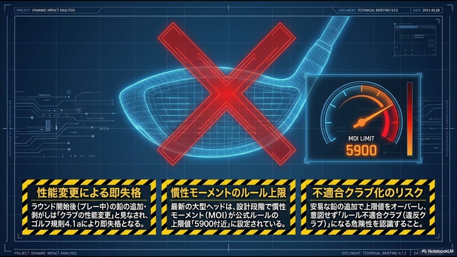 ラウンド中の鉛追加による性能変更違反と、最新大型ヘッドにおける慣性モーメント（MOI）5900上限超過リスクの解説図