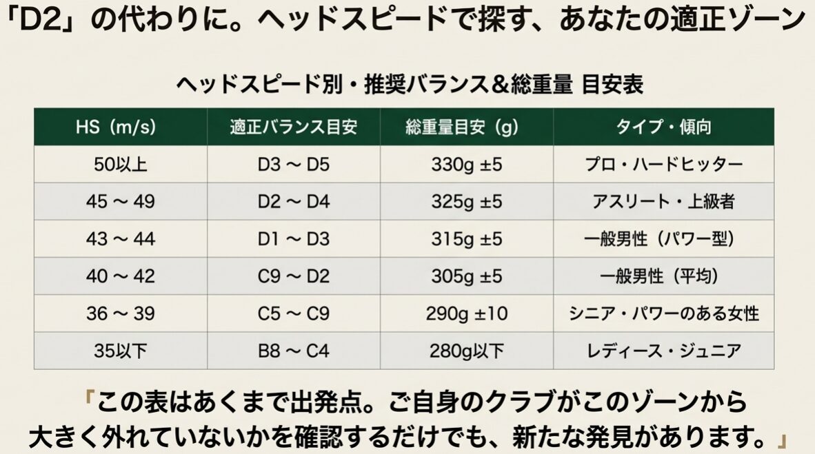 ヘッドスピード別のゴルフクラブ適正バランスと総重量の目安表