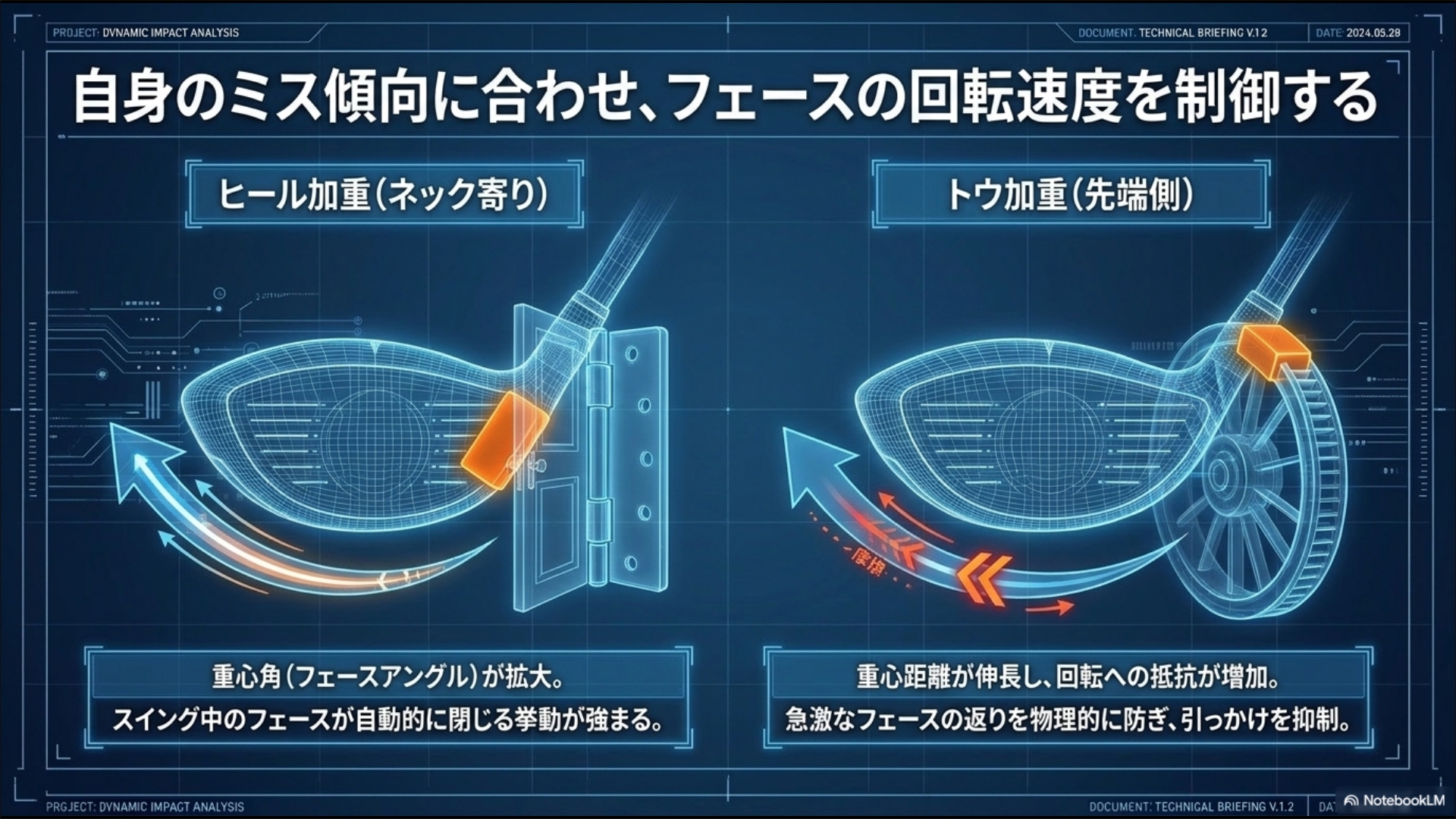 ヒール加重によるフェースアングル拡大（スライス抑制）と、トウ加重による重心距離伸長（引っかけ抑制）の物理的メカニズム図解
