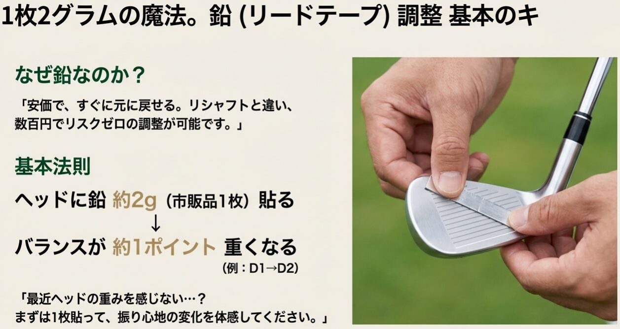 ゴルフクラブのヘッドに鉛(リードテープ)を貼って調整する様子