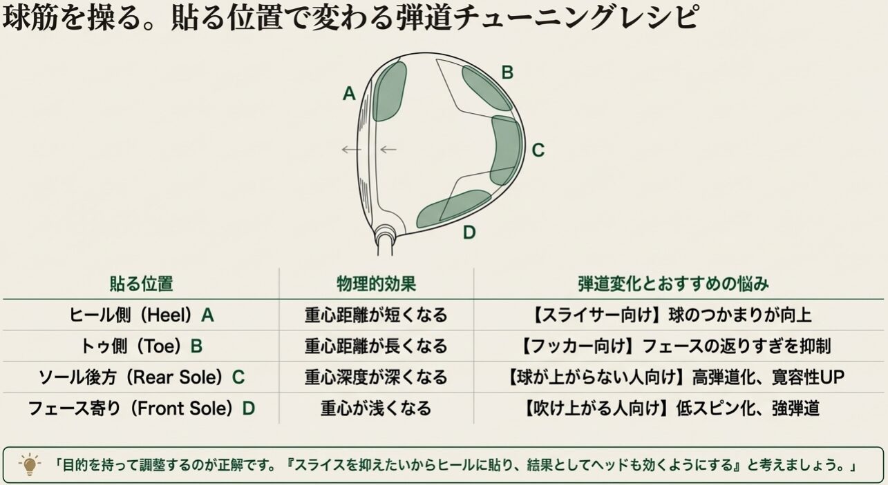 ドライバーの鉛を貼る位置(ヒール・トゥ・ソール)と弾道変化の図解