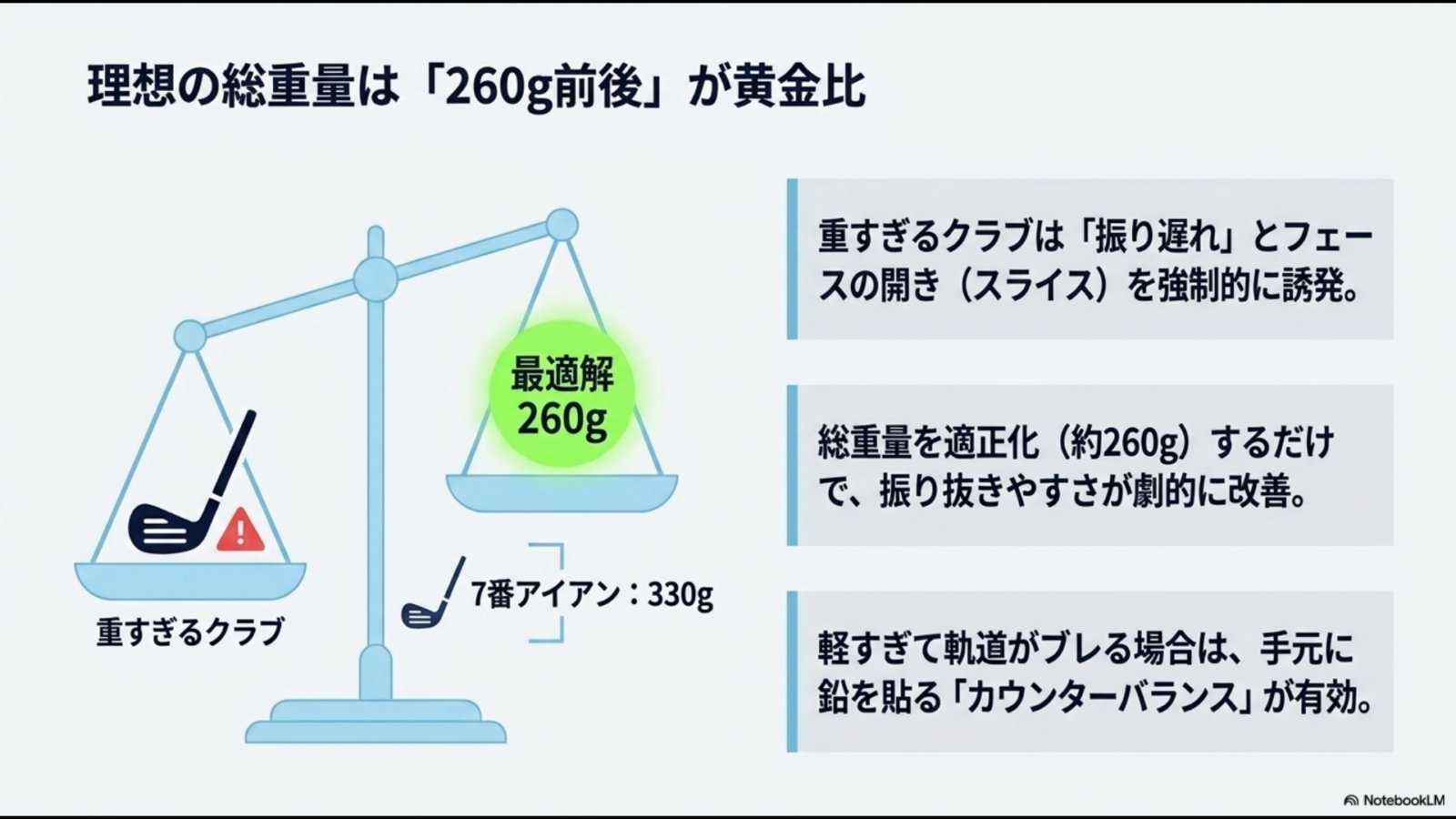 50代女性のドライバー総重量260g前後と7番アイアン330gの重量目安を示した図