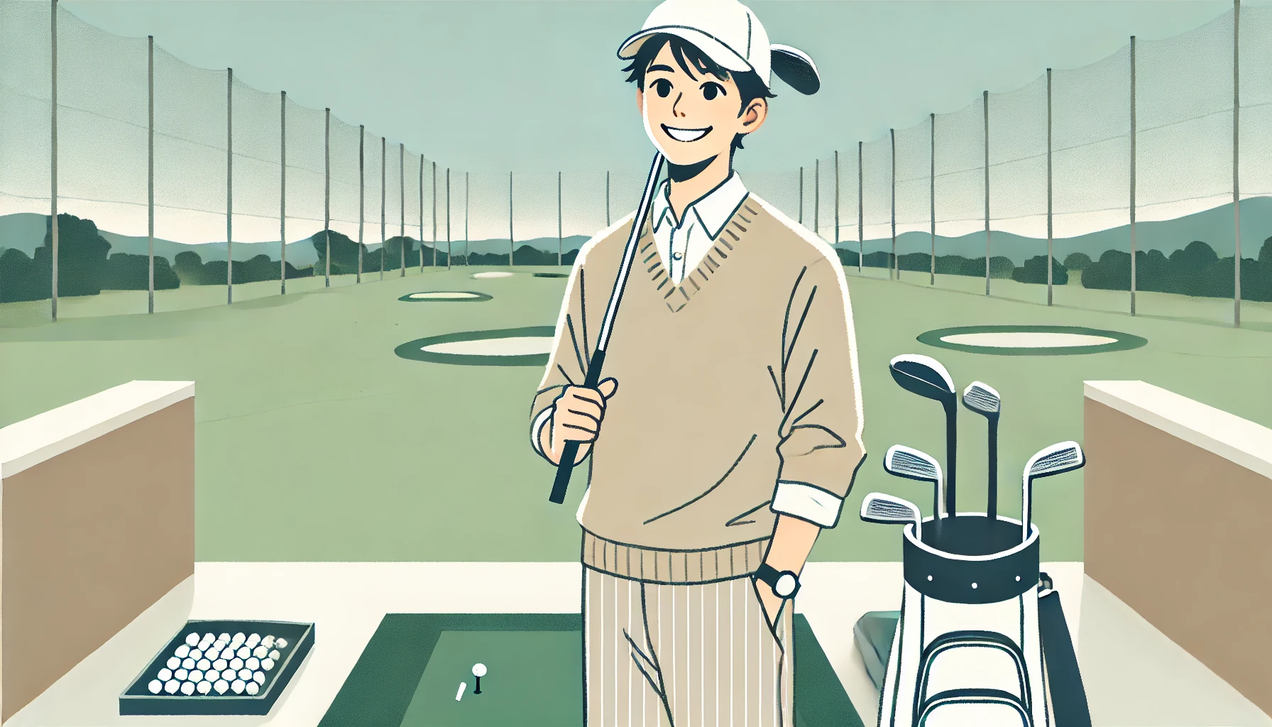 打ちっぱなし練習後に笑顔でリラックスする日本人初心者ゴルファー