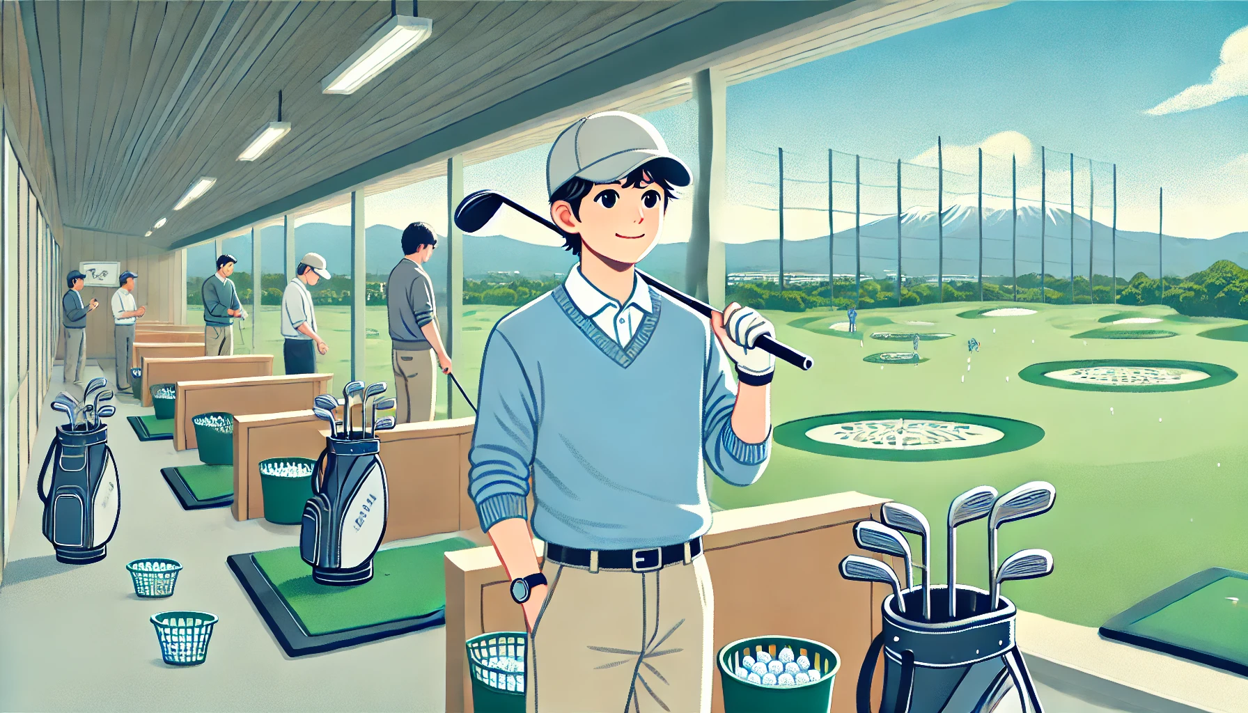 打ちっぱなし練習場で安全マナーを守りながら打席に立つ日本人ゴルファー