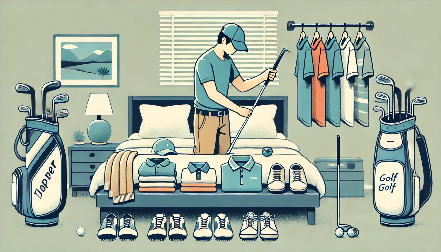 ベッドの上にゴルフ用の服装や持ち物を整えて準備する日本人初心者ゴルファー