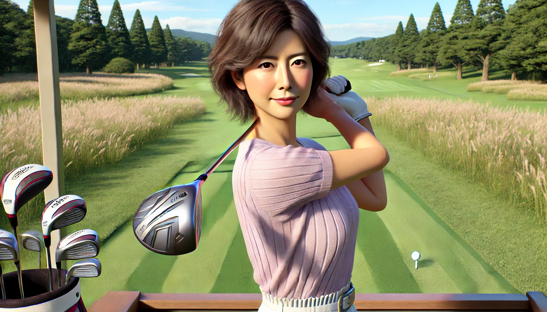 50代日本人女性が高ロフトの軽量レディースドライバーでティーショットを打つ場面