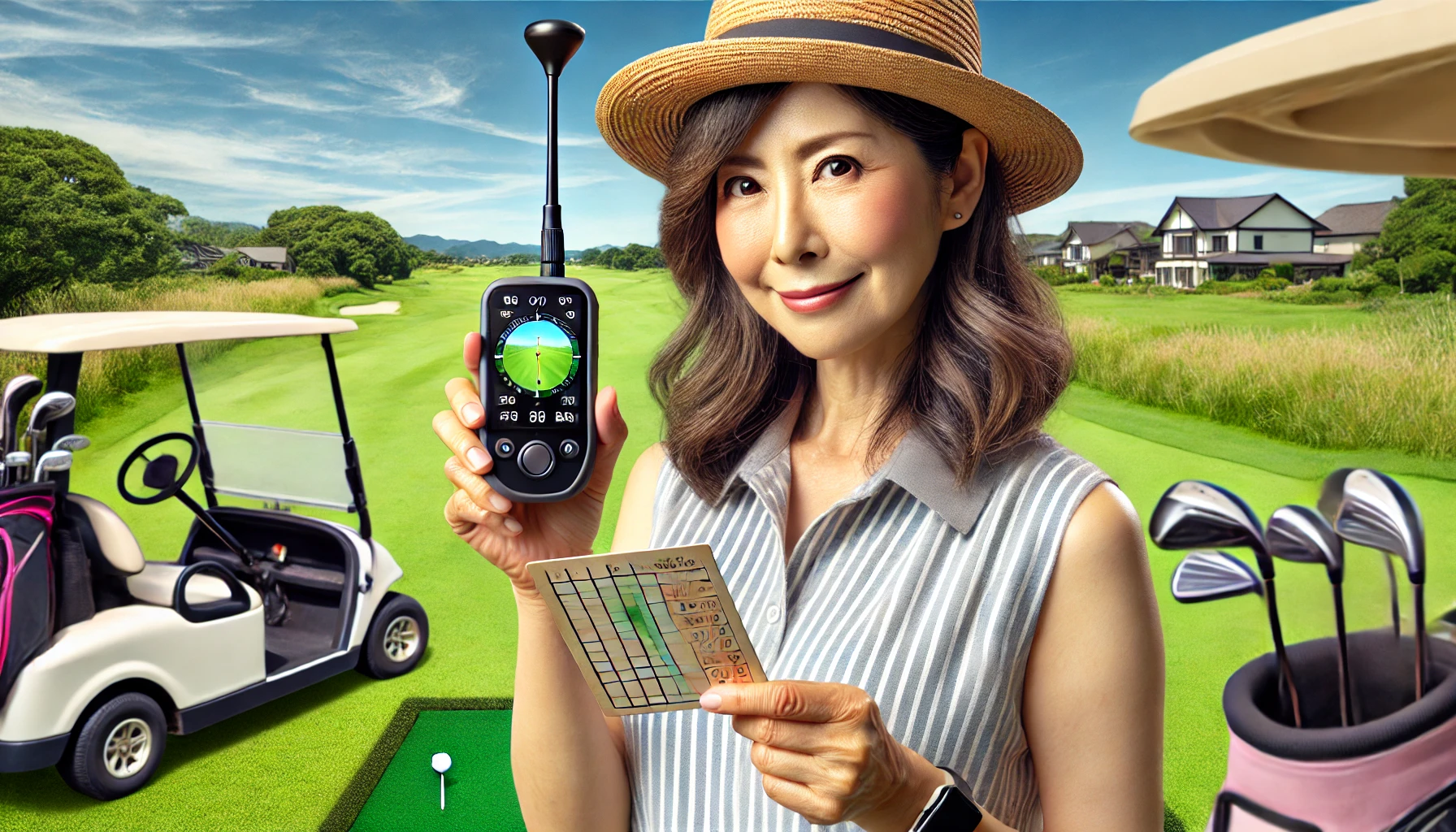 50代日本人女性がゴルフ場でスコアカードを持ち、GPS測定器でドライバー飛距離を計測するシーン