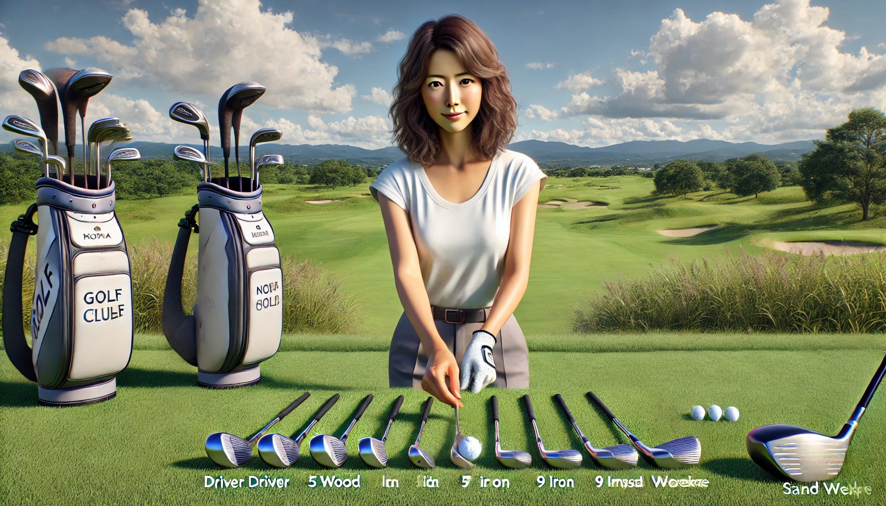 50代日本人女性が芝生上でドライバー、5W、5U、7I、9I、PW、AW、SWを並べて効果的なクラブ組み合わせを作る光景