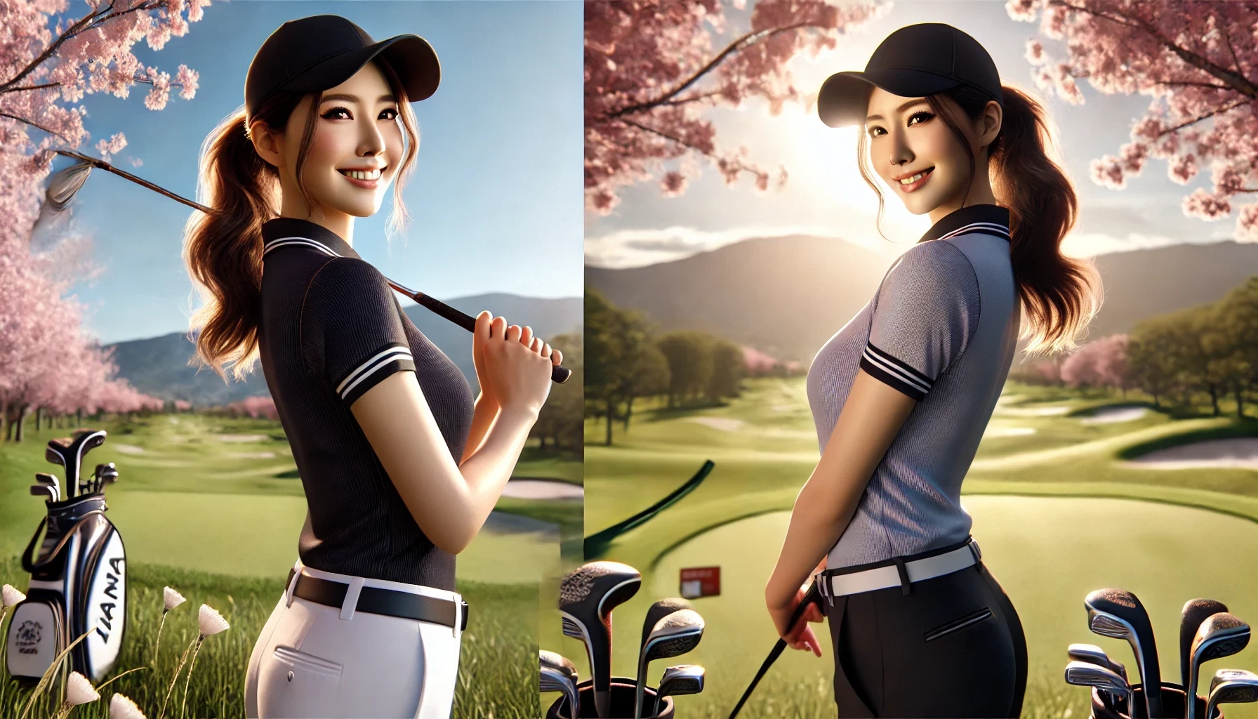 晴天のゴルフコースで笑顔を見せる日本女子プロゴルファー、美しい桜の背景とおしゃれなゴルフウェア姿