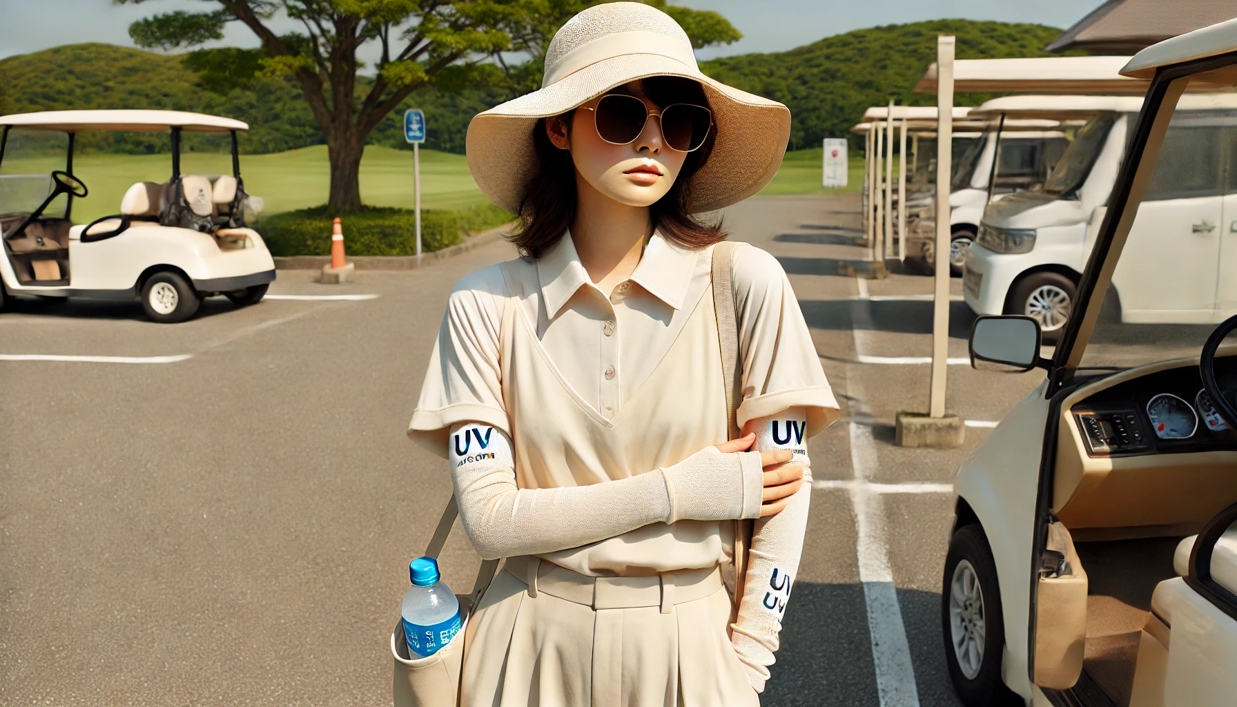 つば広帽子・サングラス・アームカバーで日差し対策をした日本人女性が、夏のゴルフ場前で水分補給グッズを持ちながら過ごしている。UVカットと熱中症予防を両立