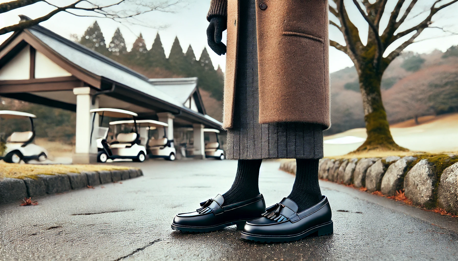 ミディ丈のコートと黒のレザーローファーを履いた日本人女性が、軽く霜の降りたゴルフ場付近の道に立っている。滑りにくく上品な靴がコーデのポイント