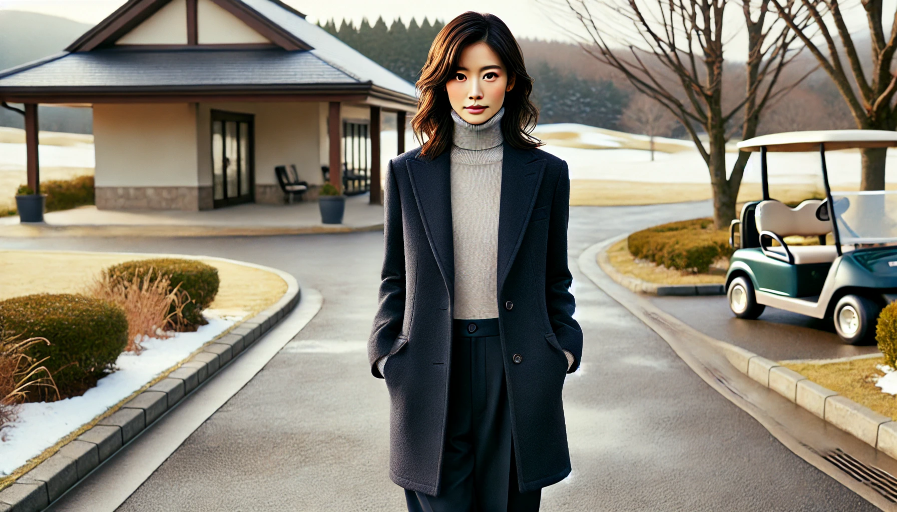 ネイビーのウールコートとライトカラーのタートルネックを着た日本人女性が、冬のゴルフクラブハウス前で静かに立っている。シルエットは端正で、冬のきちんと感が漂う装い