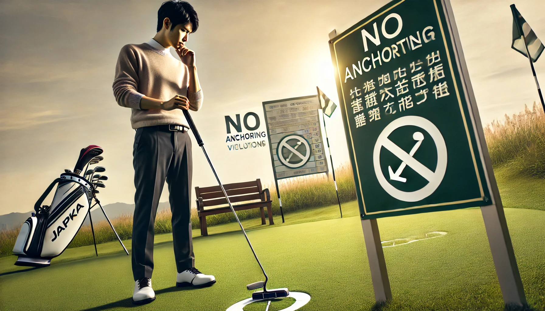 日本人ゴルファーがルールブックを横に置きながら長尺パターの構えを確認している。背景にはアンカリング禁止を示すサインが見える