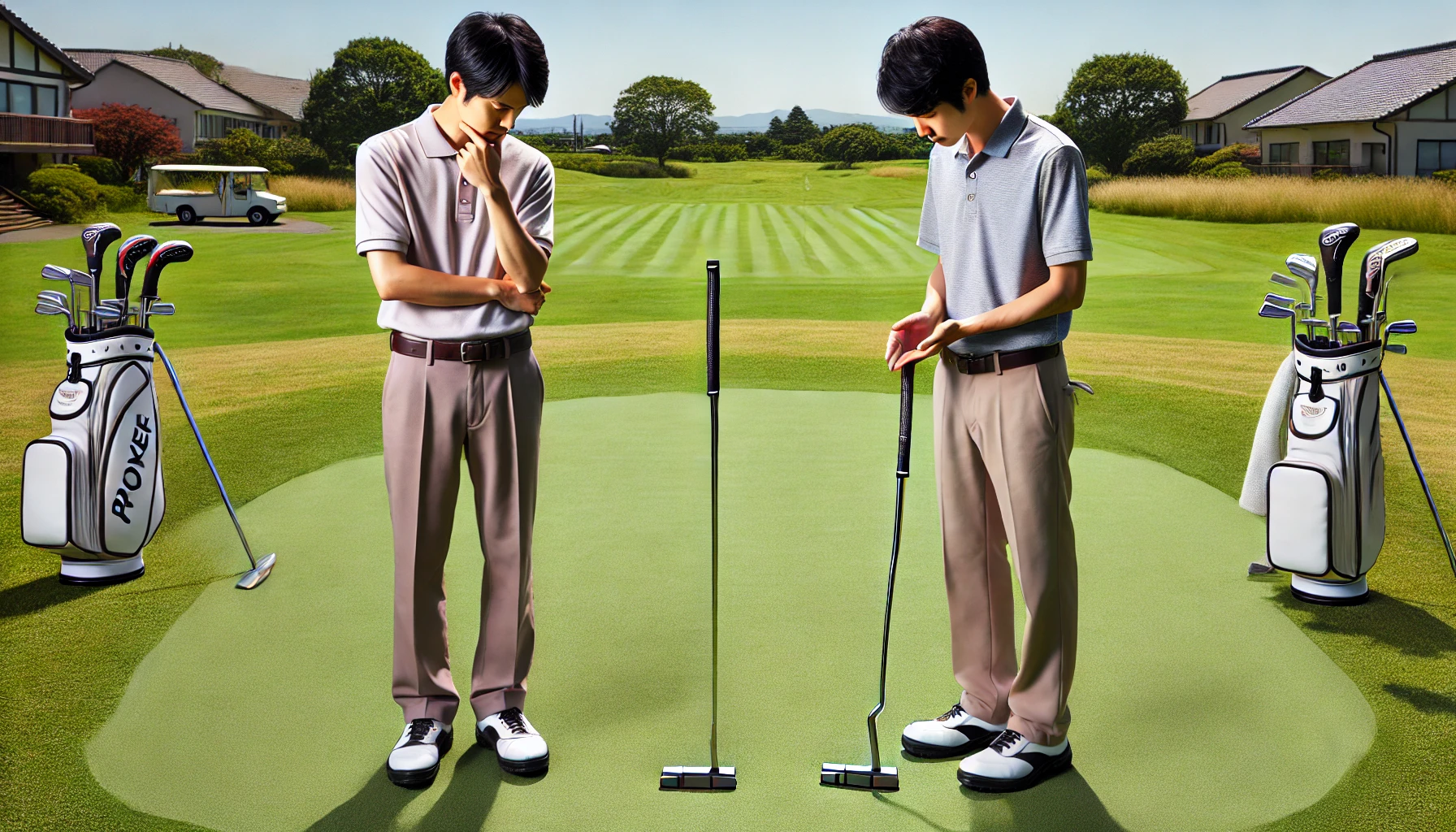 ゴルフ場のグリーン上で、中尺パターと長尺パターを比較する日本人男性ゴルファーが、2本の異なる長さのパターを手に持ち、それぞれの特徴を確認している様子