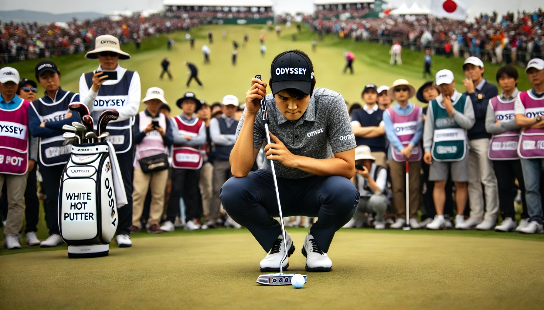 日本人プロゴルファーがトーナメント会場のグリーンでパット直前の集中した瞬間を切り取った構図。背後には観客やキャディがぼんやり映り、ツアーレベルの緊張感が漂う
