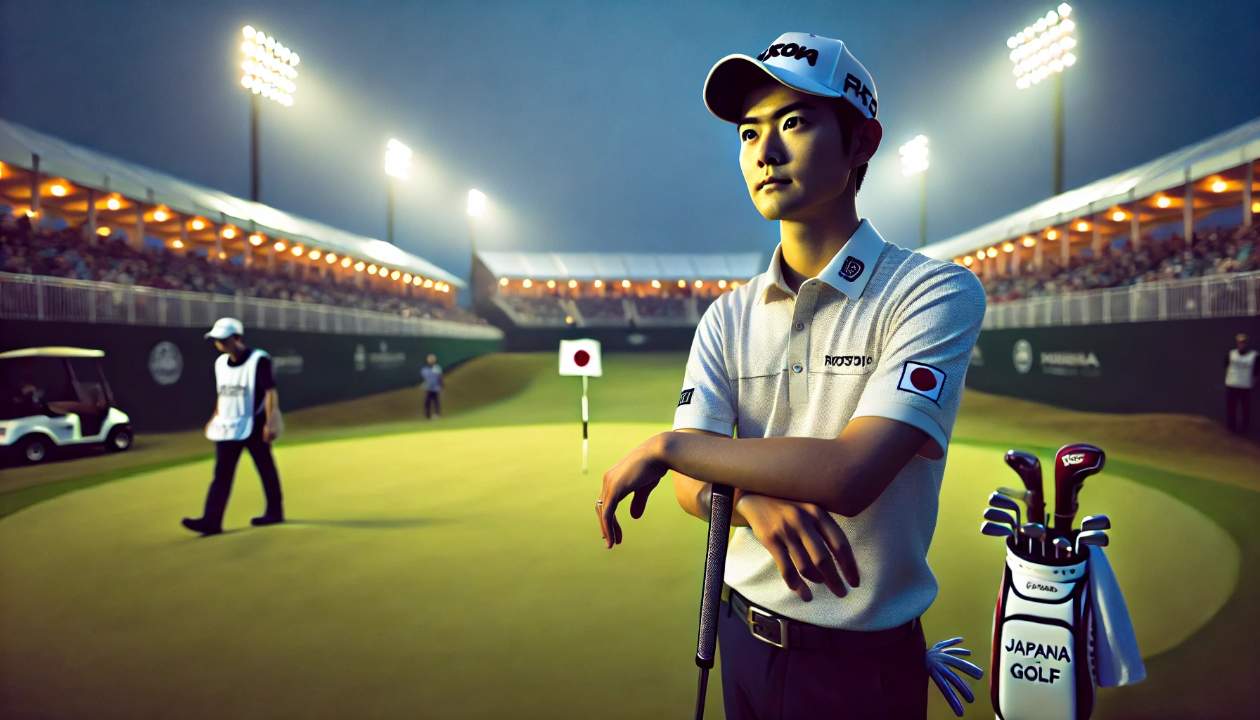 日本人プロゴルファーが夜間照明の下、競技中のグリーンでクロスパット風パターを手に構えながら真剣な眼差しでラインを見つめているシーン。背景にキャディの姿も。
