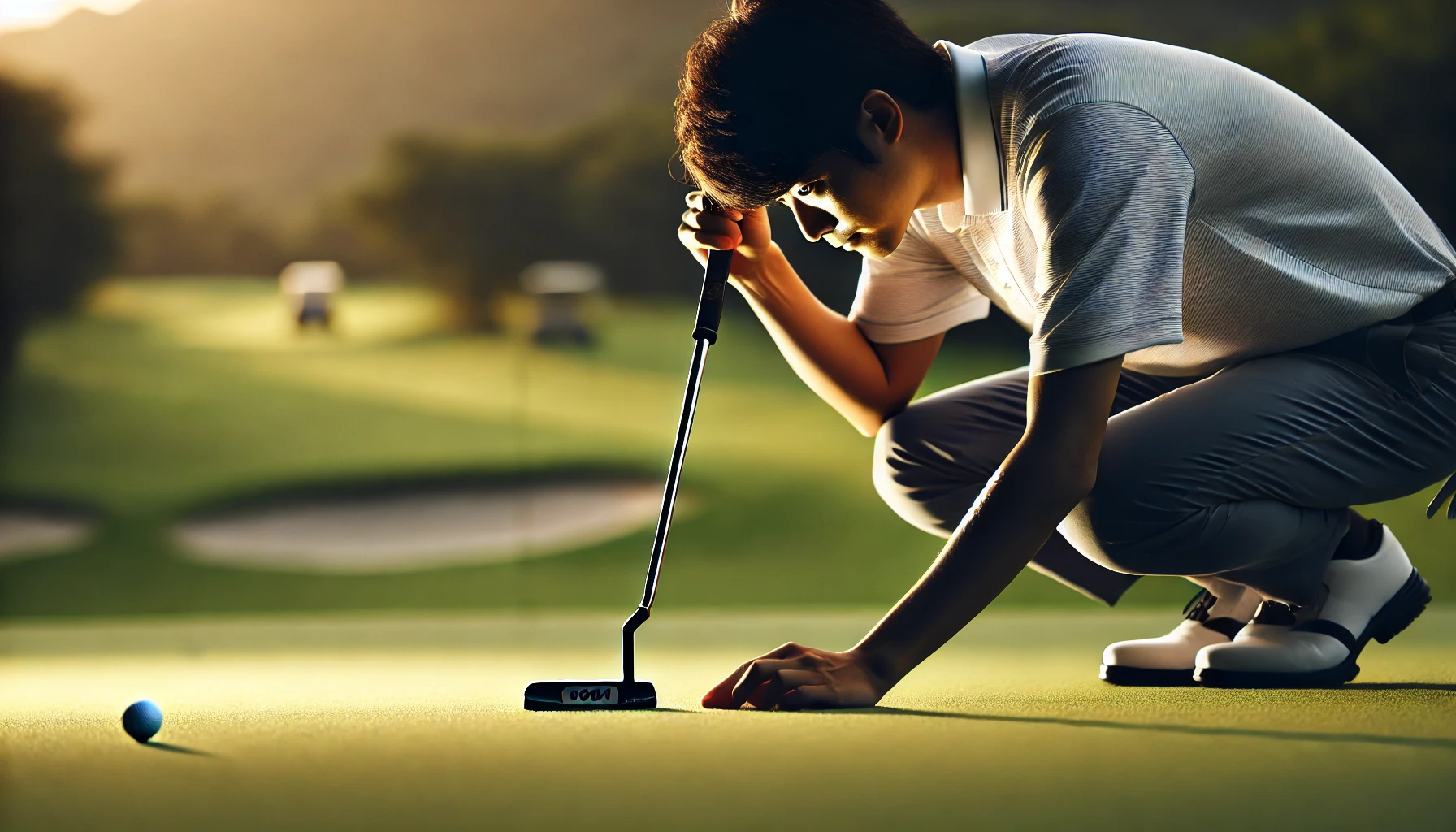 夕方の静かなグリーンで、日本人男性ゴルファーがクロスパット風のパターを使ってショートパットのラインを集中して読んでいる様子。精密さと静けさが強調されている。
